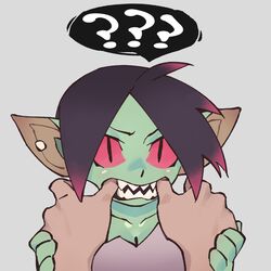  1:1 absurd_res black_hair breasts cleavage clothed clothing digital_media_(artwork) ear_piercing faceless_character female finger_in_mouth fingers gobbo_(kooni) goblin green_body green_skin hair hi_res highlights_(coloring) humanoid humanoid_pointy_ears kooni looking_at_viewer mammal mouth_play not_furry offscreen_character open_mouth piercing pupils question_mark red_highlights red_sclera sharp_teeth simple_background slit_pupils solo speech_bubble teeth 