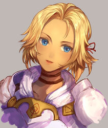  armor blonde_hair blue_eyes catherine_(fire_emblem) choker commentary_request dark-skinned_female dark_skin female fire_emblem fire_emblem:_three_houses grey_background hair_ribbon head_tilt jurge light_blush looking_at_viewer parted_bangs pauldrons ribbon short_hair shoulder_armor simple_background solo upper_body 