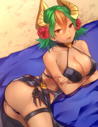  ass bad_anatomy beach breasts cleavage commentary_request dark-skinned_female dark_skin earrings female fire_emblem fire_emblem_heroes flower gradient_hair green_hair hair_flower hair_ornament jewelry jurge laegjarn_(fire_emblem) laegjarn_(summer)_(fire_emblem) large_breasts looking_at_viewer multicolored_hair orange_hair red_eyes short_hair simple_background smile solo swimsuit 