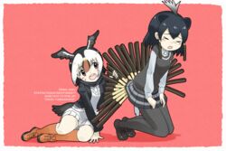  &gt;_&lt; 2girls :d animal_ears atlantic_puffin_(kemono_friends) bird_tail bird_wings black_hair blonde_hair border candy cardigan closed_eyes commentary crested_porcupine_(kemono_friends) d: dx extra_ears food food_on_face full_body grabbing grey_hair head_wings highres iwa_(iwafish) kemono_friends kneeling leaning_to_the_side long_sleeves looking_at_another medium_hair microskirt multicolored_hair multiple_girls necktie open_cardigan open_clothes open_mouth oversized_food oversized_object pantyhose pocky porcupine_ears red_background red_eyes red_hair scarf shoes simple_background sitting skirt smile socks sweater sweater_vest tail white_hair wings 