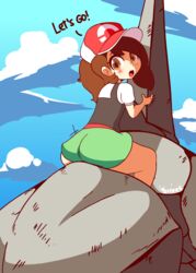  animated animated ass bare_legs blue_sky blush bouncing_ass brown_eyes brown_hair cloud cloudy_sky day diives elaine_(pokemon) english_text female from_behind green_shorts hat highres horns leaning_forward legs looking_at_viewer looking_back looping_animation onix open_mouth outdoors poke_ball_print pokemon pokemon_(creature) pokemon_lgpe ponytail print_headwear red_hat riding riding_pokemon short_ponytail short_shorts short_sleeves shorts signature single_horn sky straddling tareme toon_(style) wide_hips 