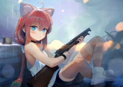  :&lt; ahoge animal_ear_fluff animal_ears bad_id bad_twitter_id barbed_wire bare_shoulders battlefield_(series) battlefield_1 bike_shorts blue_eyes blush cat_ears closed_mouth czech_hedgehog female gun hair_bobbles hair_ornament hinata_channel holding holding_gun holding_weapon long_hair looking_at_viewer looking_to_the_side loose_clothes nekomiya_hinata on_ground pink_hair pump_action rain rifle shoes shotgun sitting solo striped_clothes striped_thighhighs thighhighs treeware very_long_hair virtual_youtuber weapon white_thighhighs winchester_model_1897 wristband 