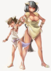  2girls anklet bare_legs black_hair braid breasts claws cleavage dark-skinned_female dark_skin hand_on_own_hip horns jewelry kangaskhan large_breasts loincloth long_hair mega_kangaskhan mega_pokemon mother_and_daughter multiple_girls naso4 personification photoshop_(medium) pokemon prehistoric red_eyes sandals short_hair simple_background single_braid tail very_long_hair wrist_cuffs 