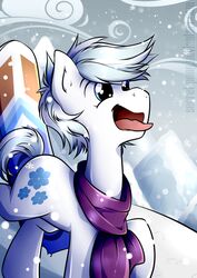  2015 blue_eyes cutie_mark double_diamond_(mlp) earth_pony equid equine feral friendship_is_magic hair hasbro horse male mammal my_little_pony outside pony scarf secret-pony snow snowflake snowing solo tongue tongue_out white_hair 