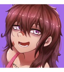  artist_name bags_under_eyes bandaid bandaid_on_face bandaid_on_nose bare_shoulders brown_hair camisole collarbone commentary_request eyelashes female highres long_hair looking_at_viewer messy_hair nyxkz open_mouth original pink_camisole purple_background purple_eyes smile solo teeth upper_body 