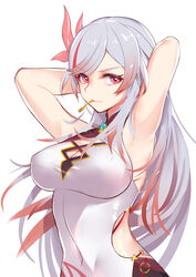  armpits arms_behind_head arms_up breasts cecilia_schariac chinese_commentary closed_mouth commentary_request cosplay covered_navel female fu_hua fu_hua_(phoenix) fu_hua_(phoenix)_(cosplay) grey_hair hair_ornament halterneck highres honkai_(series) honkai_impact_3rd large_breasts liu_lan long_hair looking_at_viewer mouth_hold multicolored_hair o-ring pink_eyes red_eyes red_hair shiny_clothes simple_background sleeveless solo swept_bangs taut_clothes two-tone_hair upper_body very_long_hair white_background white_hair 