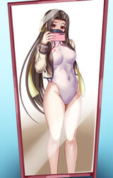  breasts brown_eyes brown_hair brown_jacket cellphone commentary_request competition_swimsuit covered_navel feet_out_of_frame female hair_intakes hair_ribbon highres jacket kozu_rokuta long_hair looking_at_viewer mask medium_breasts mirror mouth_mask one-piece_swimsuit open_clothes open_jacket original phone reflection ribbon selfie solo swimsuit turtleneck white_one-piece_swimsuit yellow_ribbon 