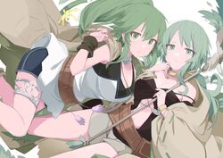  2girls bare_shoulders belt breasts caam_serenity_of_gusto cleavage collar collarbone commentary duel_monster feet_out_of_frame green_eyes green_hair hands_up highres jewelry large_breasts long_hair long_sleeves metal_collar midriff multiple_girls navel necklace ponytail robe sakuragi_raia shorts symbol-only_commentary thighlet wide_sleeves winda_(yu-gi-oh!) winda_priestess_of_gusto yu-gi-oh! 