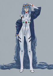  absurdly_long_hair adjusting_eyewear alternate_hair_length alternate_hairstyle ayanami_rei blue_hair breasts contrapposto evangelion:_3.0+1.0_thrice_upon_a_time expressionless eyewear_on_head female grey_background jacket jacket_on_shoulders long_hair looking_at_viewer medium_breasts neon_genesis_evangelion off_shoulder plugsuit rebuild_of_evangelion red_eyes sakamoto_kengo solo spoilers very_long_hair 