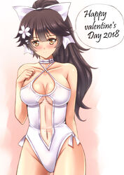  2018 absurdres azur_lane black_hair breasts casual_one-piece_swimsuit choker cleavage clothing_cutout collarbone cowboy_shot female flower hair_flaps hair_flower hair_ornament hair_ribbon hand_on_own_chest highres large_breasts navel_cutout one-piece_swimsuit parted_lips ponytail ribbon sawwei005 side-tie_one-piece_swimsuit solo swimsuit takao_(azur_lane) takao_(beach_rhapsody)_(azur_lane) valentine white_choker white_flower white_one-piece_swimsuit white_ribbon 