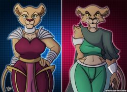  2019 5_fingers anthro anthrofied black_nose blue_eyes bottomwear bracelet breasts cleavage clothed clothing collar curvy_figure disney duo felid female fingers fur hand_on_hip jewelry lion looking_at_viewer mammal midriff midriff_top nala_(the_lion_king) navel notched_ear pantherine pants red_eyes red_nose shoulder_pads signature sketchybug tan_body tan_fur text the_lion_king tuft url wide_hips yellow_sclera zira_(the_lion_king) 