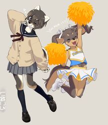  anthro canid canine canis cheering cheerleader_outfit clothed clothing domestic_dog duo english_text female footwear hi_res japanese_school_uniform kikurage kuroshiba_nagomi kusuda_korone mammal pom_poms shoes text 