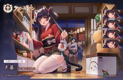  3girls allenes animal_ears azur_lane black_hair black_thighhighs cat_ears cat_tail commentary expressions fireworks geta hair_bun hair_ornament hatsuharu_(azur_lane) japanese_clothes kimono kneeling long_hair looking_at_viewer manjuu_(azur_lane) multiple_girls official_alternate_costume official_art open_mouth promotional_art ramune sakura_empire_(emblem) second-party_source senkou_hanabi single_hair_bun sparkler tabi tail thighhighs translated white_thighhighs wide_sleeves yellow_eyes yukata yuugure_(azur_lane) yuugure_(summer_festival_shopping)_(azur_lane) 