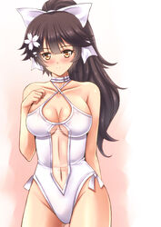  absurdres azur_lane black_hair breasts casual_one-piece_swimsuit choker cleavage clothing_cutout collarbone cowboy_shot female flower hair_flaps hair_flower hair_ornament hair_ribbon hand_on_own_chest highres large_breasts navel_cutout one-piece_swimsuit parted_lips ponytail ribbon sawwei005 side-tie_one-piece_swimsuit solo swimsuit takao_(azur_lane) takao_(beach_rhapsody)_(azur_lane) white_choker white_flower white_one-piece_swimsuit white_ribbon 