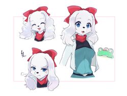  amphibian angry anthro bandana blue_eyes blush bow_(disambiguation) breasts canid canine canis closed_eyes clothing domestic_dog fay_(star_fox) female frog fur happy jacket japanese_text kerchief long_ears mammal nintendo scarf slippy_toad smile star_fox text topwear white_body white_fur 