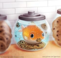  2020 ambiguous_gender aquarium black_eyes bubble candy chocolate chocolate_chip_cookie chocolate_chips container cookie cookie_jar cyprinid cypriniform dessert digital_media_(artwork) digital_painting_(artwork) english_text feral fish fish_bowl food goldfish jar marine piper_thibodeau scales solo text url vivarium white_body white_scales yellow_body yellow_scales 