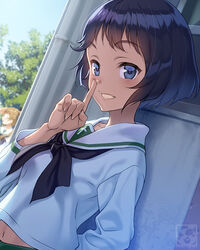  around_corner artist_logo bad_id bad_twitter_id black_eyes black_hair black_neckerchief blouse blue_sky blurry blurry_background brown_hair commentary day depth_of_field female finger_to_mouth girls_und_panzer glasses grin long_sleeves looking_at_viewer neckerchief ooarai_school_uniform oono_aya outdoors pairan round_eyewear school_uniform serafuku shirt short_hair shushing sky smile solo_focus standing tree utsugi_yuuki white_shirt 