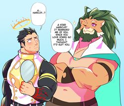  2boys animal_ears arsalan_(housamo) bara black_bodysuit black_hair blush bodysuit crossed_arms english_text facial_hair furry furry_male green_hair highres lion_boy lion_ears lion_tail lisuchi looking_at_another male_focus mature_male mirror multicolored_hair multiple_boys muscular muscular_male short_hair sideburns stubble sweatdrop tail tokyo_afterschool_summoners two-tone_hair upper_body zabaniyya_(housamo) 