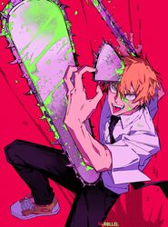  1boy black_pants chainsaw chainsaw_man denji_(chainsaw_man) highres male_focus necktie open_mouth orange_hair pants par0llel sharp_teeth shirt shoes short_hair short_sleeves smile solo teeth tongue tongue_out white_shirt yellow_eyes 