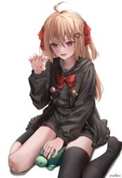  absurdres ahoge bandaid bandaid_on_knee bandaid_on_leg black_cardigan black_shirt black_skirt blonde_hair blush bow cardigan claw_pose commentary evil_neuro-sama fangs female hair_between_eyes hairbow hand_on_animal hand_up heart_pin highres indie_virtual_youtuber long_hair looking_at_viewer nail_polish open_mouth red_bow red_eyes red_nails shirt short_twintails simple_background sitting skirt solo star_pin teeth tongue turtle twintails vedal987 virtual_youtuber wariza white_background yopipu 