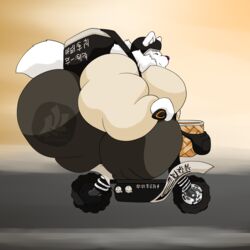  1:1 anthro armor ass backpack basket big_butt big_moobs bottomwear canid canine canis clothed clothing commercial_vehicle container delivery_(commerce) delivery_employee delivery_vehicle digital_media_(artwork) domestic_dog electric_vehicle fanny_pack fluffy fluffy_tail food_delivery fujiyama_kenhaku fujiyama_samoyed_(artist) fur hair hat headgear headwear helmet hi_res huge_butt hyper hyper_butt male mammal moobs motion_blur nordic_sled_dog obese obese_anthro obese_male outside overweight overweight_anthro overweight_male samoyed scooter smile solo spitz tail text topwear transportation vehicle white_body 