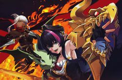  2girls black_hair commentary_request dark_elf dark_skin dnf_duel dragon dragon_knight_(dungeon_and_fighter) dual_wielding dungeon_and_fighter elbow_gloves elf fingerless_gloves fire gauss_&lt;bokashi gloves highres holding horns knight_(dungeon_and_fighter) kunai kunoichi_(dungeon_and_fighter) long_hair multicolored_hair multiple_girls outstretched_arm pink_hair pointy_ears red_scarf scarf shield sleeveless small_dragon sword thief_(dungeon_and_fighter) weapon white_hair 