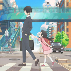  3girls 4boys backpack bag black_hair blue_sky bridge briefcase building car clothes_grab cloud crime_prevention_buzzer crosswalk day dress father_and_daughter formal from_side full_body goto_hime goto_kakushi hair_over_one_eye highres hime_cut jacket_grab kakei_ami kakushigoto keshi_kakeru key_visual kneehighs lamppost loafers lolicon long_hair long_sleeves looking_at_another manhole manhole_cover motor_vehicle multiple_boys multiple_girls necktie no_socks official_art outdoors pedestrian_bridge pink_dress pink_footwear promotional_art randoseru road shiji_aogu shoes short_hair short_sleeves sky sneakers socks stairs street suit sumita_rasuna tomaruin_satsuki tree walking white_socks yamamoto_shuuhei 