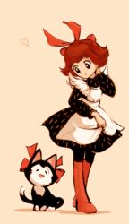  2018 accessory apron black_body black_clothing black_dress black_eyes black_fur boots bow_ribbon brown_body brown_fur closed_eyes clothing digital_drawing_(artwork) digital_media_(artwork) domestic_cat dress eyelashes felid feline felis female feral footwear fur hair hair_accessory hair_ribbon hairbow happy heart_symbol holding_apron human katy_the_cat_(unico) looking_down mammal osamu_tezuka polka_dot_clothing red_bow ribbons sanrio shoes signature smile solo standing suta-neko unico_(series) white_body white_fur 