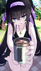  absurdres bags_under_eyes bare_arms bare_legs bikini black_bikini black_hair blanket blue_archive blue_eyes blurry blurry_background collarbone crossed_bangs cup female foreshortening forest hair_between_eyes hair_ribbon hairband high_ponytail highres iced_coffee jewelry jitome kilabo leaning_forward long_hair looking_at_viewer mug nature necklace o-ring o-ring_bikini o-ring_top official_alternate_costume open_mouth picnic pov purple_hairband purple_ribbon ribbon ringed_eyes seiza sitting solo sweat swimsuit ui_(blue_archive) ui_(swimsuit)_(blue_archive) very_long_hair wavy_mouth 