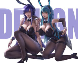  2girls animal_ears arm_on_another&#039;s_shoulder azur_lane black_footwear black_leotard black_pantyhose blue_hair boise_(azur_lane) boise_(sheepish_sapphire)_(azur_lane) breasts cleavage commentary_request detached_collar fake_animal_ears full_body high_heels highres huge_breasts kneeling leotard light_blue_hair lips long_hair looking_at_viewer mechanical_ears multiple_girls new_jersey_(azur_lane) new_jersey_(exhilarating_steps!)_(azur_lane) nose official_alternate_costume pantyhose pink_nails playboy_bunny purple_eyes purple_hair rabbit_ears shoes simple_background strapless strapless_leotard white_background wrist_cuffs xixi_(xixihenlan_ing) yellow_eyes 