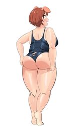  absurdres animal_ears ass bad_id bad_link bad_twitter_id barefoot breasts chadgarciaburg elf-san_wa_yaserarenai. female female_orc highres oku_(elf-san_wa_yaserarenai) orc pig_ears pig_tail plump red_hair self-upload short_hair solo swimsuit tail thighs 