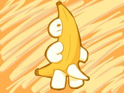  ambiguous_gender anthro banana banana_costume blank_expression clothing costume dinosaur dyno_(dynogreeno) dynogreeno extinct food fruit hi_res orange_background plant pose prehistoric_species reptile scalie simple_background solo white_body yellow_costume 