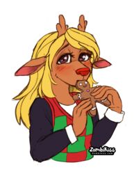  2022 5_fingers anthro antlers artist_name black_clothing black_shirt black_topwear blonde_hair blush brown_body brown_ears brown_eyes brown_fur checkered checkered_clothing checkered_sweater checkered_topwear clothed clothing cookie cuffs_(clothing) deer deltarune digital_media_(artwork) doe_with_antlers eating eating_food eyebrow_through_hair eyebrows eyelashes female fingers food fully_clothed fur gingerbread_cookie gingerbread_man green_clothing green_sweater green_sweater_vest green_topwear green_vest hair half-length_portrait holding_food holding_object horn looking_at_viewer mammal monotone_body monotone_fur multicolored_clothing multicolored_sweater multicolored_topwear new_world_deer noelle_holiday pattern_clothing pattern_sweater pattern_topwear portrait red_clothing red_nose red_sweater red_sweater_vest red_topwear red_vest reindeer scarf shirt simple_background solo sweater sweater_vest text topwear translucent translucent_hair two_tone_clothing two_tone_sweater two_tone_topwear undertale_(series) url vest white_clothing white_shirt white_topwear zombikiss 