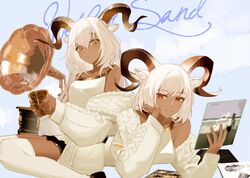  2girls absurdres animal_ears arknights beeswax_(arknights) beeswax_(arknights)_(cosplay) beeswax_(weisser_sand)_(arknights) black_footwear black_skirt blue_background cardigan carnelian_(arknights) chinese_commentary cosplay cup dark-skinned_female dark_skin goat_ears goat_girl goat_horns hair_between_eyes highres holding holding_cup horns long_hair looking_at_viewer lying multiple_girls off_shoulder official_alternate_costume on_stomach open_cardigan open_clothes parted_lips phonograph shirt short_hair siblings sisters sitting skirt thighhighs ting_(machi_nakahara) white_cardigan white_hair white_legwear white_shirt yellow_eyes 