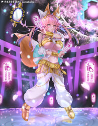  absurdres amaterasu_(fate) animal_ear_fluff animal_ears blush breasts commentary_request fate/extra fate/extra_ccc fate_(series) female fox_ears fox_girl fox_tail gold_bracelet hair_ribbon highres kamehito large_breasts looking_at_viewer midriff mixed-language_commentary navel official_alternate_costume pink_hair ribbon solo suiten_nikkou_amaterasu_yanoshisu_ishi tail tamamo_(fate) tamamo_no_mae_(fate/extra) underboob water white_ribbon yellow_eyes 