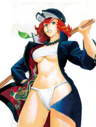  absurdres banchou bead_necklace beads black_hat bokken breasts brown_eyes chest_sarashi commentary_request delinquent dragon_print eyelashes female fundoshi hat highres japanese_clothes jewelry large_breasts misogram mouth_hold necklace open_clothes original red_hair sarashi simple_background solo sukeban sword underboob weapon white_background wooden_sword 