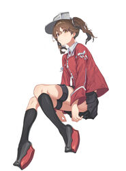  black_skirt black_socks brown_eyes brown_hair commentary_request female full_body highres invisible_chair japanese_clothes kantai_collection kariginu kneehighs magatama midriff_peek oweee pleated_skirt red_shirt ryuujou_(kancolle) shirt simple_background sitting skirt socks solo thigh_strap twintails visor_cap white_background 