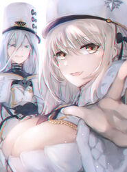  2girls absurdres azur_lane belt black_gloves blonde_hair breasts brown_eyes buttons cleavage coat coat_dress commentary double-breasted fur-trimmed_coat fur_trim gloves hair_between_eyes hair_ornament hat high_collar highres jacket kirov_(azur_lane) large_breasts long_hair looking_at_viewer military_hat multiple_girls open_mouth shika_(shika0) smile sovetsky_soyuz_(azur_lane) white_coat white_hair white_headwear 