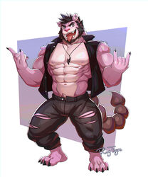  abs absurd_res anthro beard big_muscles bottomwear claws clothed clothing devil_horns_(gesture) double_devil_horns_(gesture) facial_hair felid fur gesture hand_gesture hi_res hybrid iranian_mythology jewelry looking_at_viewer male mammal manticore middle_eastern_mythology mistermanticore muscular muscular_anthro muscular_male mythology necklace open_clothing open_topwear open_vest pants pecs pink_body pink_fur raytig12 rufus_(mistermanticore) scorpion_tail sharp_teeth solo standing teeth tongue tongue_out topwear torn_bottomwear torn_clothing torn_pants vest 