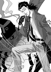  1boy ashihana_eiryou bad_id bad_pixiv_id belt dated gloves greyscale jacket karakuri_circus long_hair male_focus mizo_(syouw) monochrome mouth_hold necktie pants punchinello puppet smoke solo standing string thumb_in_pocket 