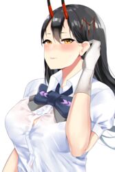  absurdres azur_lane black_hair blush breasts eyebrows_visible_through_hair female gloves hair_between_eyes hand_on_ear highres horns large_breasts lilycious looking_at_viewer oni_horns portrait purple_neckwear red_horns shirt short_sleeves simple_background single_glove solo suzuya_(azur_lane) white_gloves white_shirt yellow_eyes 