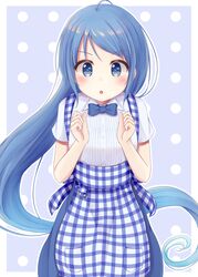  :o apron blue_apron blue_background blue_bow blue_bowtie blue_eyes blue_hair blue_skirt blush bow bowtie breasts checkered_apron checkered_clothes collared_shirt commentary_request cowboy_shot employee_uniform female gingham gingham_apron gradient_hair high-waist_skirt highres kantai_collection kobeya kobeya_uniform long_hair minakami_mimimi multicolored_hair open_mouth pleated_shirt pleated_skirt polka_dot polka_dot_background samidare_(kancolle) shirt short_sleeves skirt small_breasts uniform very_long_hair waitress white_shirt 