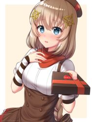  blonde_hair blue_eyes blush breasts female fnc_(girls&#039;_frontline) gift girls&#039;_frontline hair_ornament highres holding holding_gift incoming_gift large_breasts lips looking_at_viewer medium_hair parted_lips rynzfrancis solo upper_body valentine 