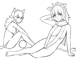  2girls absurdres animal_ear_fluff animal_ears arm_behind_head arm_up bad_id bad_twitter_id bare_legs bare_shoulders barefoot bikini breasts extra_ears full_body giraffe_ears giraffe_horns giraffe_tail grey_wolf_(kemono_friends) greyscale highres horns kemono_friends legs line_art long_hair looking_at_another looking_at_viewer medium_breasts monochrome multiple_girls murakami_kou_(raye) ponytail reticulated_giraffe_(kemono_friends) scarf slingshot_swimsuit swimsuit tail wolf_ears wolf_tail 