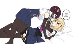  2girls all_fours arm_at_side assault_lily bare_shoulders bed_sheet black_ribbon black_shirt blonde_hair blue_sailor_collar blue_shirt blue_skirt blunt_bangs blush breasts brown_gloves brown_pantyhose brown_thighhighs collared_shirt commentary_request covered_mouth cowgirl_position crop_top danji_bang elbow_gloves eye_contact face-to-face feet_out_of_frame fingerless_gloves from_side garter_straps gauntlets gem gloves hair_ornament hair_ribbon hand_on_another&#039;s_cheek hand_on_another&#039;s_face hand_up highres hishida_haru imamura_yukari_(assault_lily) knees_up korean_commentary korean_text long_hair looking_at_another lying medium_breasts miniskirt multiple_girls neckerchief no_shoes odaiba_girls_high_school_uniform on_back pantyhose parted_lips pillow pleated_skirt purple_eyes purple_hair purple_neckerchief red_gemstone ribbon sailor_collar school_uniform serafuku shirt short_hair simple_background skirt sleeveless sleeveless_shirt speech_bubble sweatdrop thigh_strap thighhighs translation_request twintails two-tone_shirt undershirt white_background white_shirt yellow_eyes yellow_ribbon yuri 