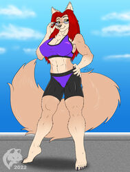  2022 5_fingers 5_toes abs anthro athletic athletic_anthro athletic_female barefoot big_breasts bottomwear bra breasts canid canine claws cleavage clothed clothing day digital_media_(artwork) digitigrade eyewear feet female finger_claws fingers flat_colors fur ghostwolf glasses grey_nose hair hand_on_hip hand_on_own_hip hindpaw humanoid_hands long_hair looking_at_viewer mammal mythological_canine mythological_creature mythology navel outside paws pose red_hair sarah_fraser shorts signature smile solo sports_bra standing tan_body tan_fur toe_claws toes underwear were werecanid werecanine werewolf 