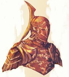  ambiguous_gender armor breastplate commentary dark_souls_(series) dark_souls_i darkmoon_knightess english_commentary female full_armor helmet highres monochrome orange_theme pauldrons shimhaq shoulder_armor solo upper_body 