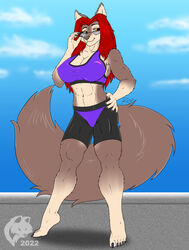  2022 5_fingers 5_toes abs alternate_color anthro athletic athletic_anthro athletic_female barefoot big_breasts bottomwear bra breasts canid canine claws cleavage clothed clothing day digital_media_(artwork) digitigrade eyewear feet female finger_claws fingers flat_colors fur ghostwolf glasses grey_body grey_fur grey_nose hair hand_on_hip hand_on_own_hip hindpaw humanoid_hands long_hair looking_at_viewer mammal multicolored_body multicolored_fur mythological_canine mythological_creature mythology navel outside paws pose red_hair sarah_fraser shorts signature smile solo sports_bra standing tan_body tan_fur toe_claws toes two_tone_body two_tone_fur underwear were werecanid werecanine werewolf white_body white_fur 