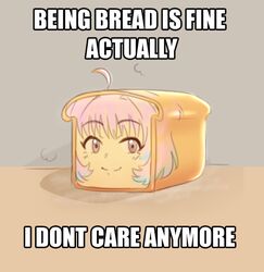  ahoge anatomical_nonsense blue_hair bread closed_mouth commentary english_text food foodification gradient_hair i_don&#039;t_want_to_be_bread_(meme) idolmaster idolmaster_cinderella_girls image_macro_(meme) impact_(font) looking_at_viewer meme multicolored_hair objectification pink_hair psycho_orb purple_eyes simple_background smile what yumemi_riamu 