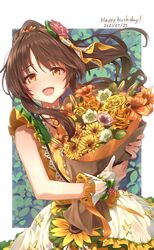  absurdres blush bouquet brown_eyes brown_hair cowboy_shot dated female flower flower_request frilled_sleeves frills greenkohgen hair_flower hair_ornament happy_birthday highres holding holding_bouquet idol idolmaster idolmaster_cinderella_girls long_hair open_mouth orange_flower pink_flower ponytail skirt sleeveless smile solo sunflower takamori_aiko white_flower white_skirt wrist_cuffs yellow_flower 